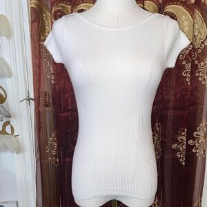 White Ribbed Open Back Cap-Sleeve Knit Top